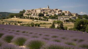 ein Feld von Lavendel mit ein Hügel Dorf. generativ ai foto