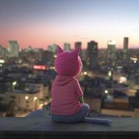 ein anthropomorph Rosa Katze im Bojack Reiter Animation Stil, reflektieren auf Leben während Blick Über das Horizont von Buenos Aires von ein Dach während Dämmerung, erzeugen ai foto