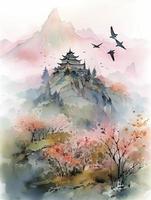 im Frühling, Rosa Pfirsich Bäume, Grün Berge, uralt Gebäude, ein wenige Schwalben, ein Menge von Weiß Raum, Nebel, frisch und hell Farben, Aquarell Kinder- Illustration, erzeugen ai foto