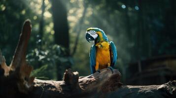 bunt Ara Vogel im Wald Hintergrund. ai generiert. foto