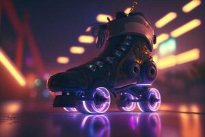 generativ ai, Walze Schlittschuh im Cyberpunk Stil, Disko nostalgisch 80er, 90er. Neon- Nacht Beleuchtung beschwingt Farben, fotorealistisch horizontal Illustration von das futuristisch Stadt. Sport Aktivität Konzept. foto