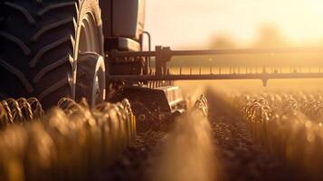 generativ ai, Nahansicht modern kombinieren Mähdrescher auf ein Weizen Feld, Bauernhof Landschaft, landwirtschaftlich schön Landschaft. Natur Illustration, fotorealistisch horizontal Banner. foto