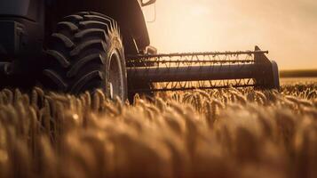 generativ ai, Nahansicht modern kombinieren Mähdrescher auf ein Weizen Feld, Bauernhof Landschaft, landwirtschaftlich schön Landschaft. Natur Illustration, fotorealistisch horizontal Banner. foto