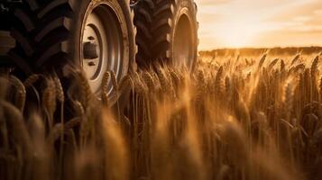 generativ ai, Nahansicht modern kombinieren Mähdrescher auf ein Weizen Feld, Bauernhof Landschaft, landwirtschaftlich schön Landschaft. Natur Illustration, fotorealistisch horizontal Banner. foto