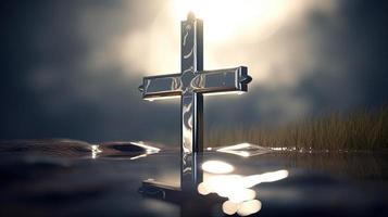 Christian Kreuz auf ein dunkel Hintergrund. 3d Rendern foto