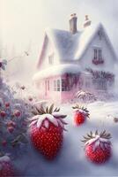 Gemälde von Erdbeeren im das Schnee im Vorderseite von ein Haus. generativ ai. foto