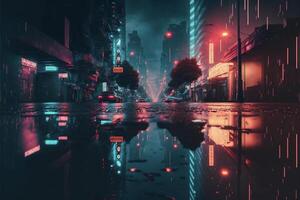 Stadt Straße mit Neon- Beleuchtung reflektieren im ein Pfütze. generativ ai. foto