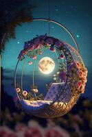 hängend Stuhl mit Blumen und ein voll Mond im das Hintergrund. generativ ai. foto