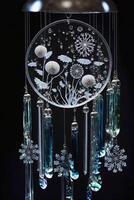 Glas Wind Glockenspiel mit Schneeflocken hängend von Es. generativ ai. foto