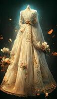 Frau im ein Hochzeit Kleid umgeben durch fallen Blätter. generativ ai. foto