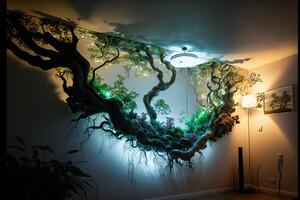 Leben Zimmer mit ein Baum Wandgemälde auf das Mauer. generativ ai. foto
