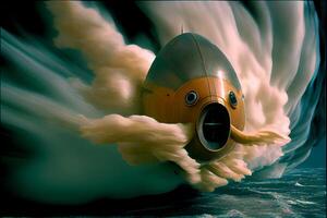 schließen oben von ein Flugzeug auf ein Körper von Wasser. generativ ai. foto
