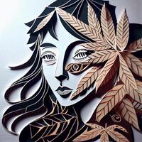 Papier Schnitt von ein Frau mit Blätter auf ihr Kopf. generativ ai. foto