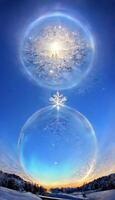 Paar von Luftblasen Sitzung auf oben von ein Schnee bedeckt Boden. generativ ai. foto