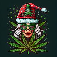 Frau tragen ein Santa Hut und Brille halten ein Marihuana Blatt. generativ ai. foto