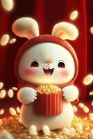 Karikatur Hase halten ein Box von Popcorn. generativ ai. foto