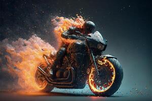 Mann Reiten auf das zurück von ein Motorrad auf Feuer. generativ ai. foto