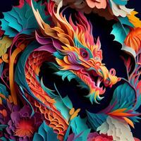 bunt Papier Kunst von ein Drachen umgeben durch Blumen. generativ ai. foto