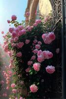 Bündel von Rosa und Weiß Blumen hängend von das Seite von ein Tür. generativ ai. foto