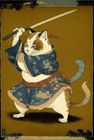 Katze gekleidet wie ein Samurai mit ein Schwert. generativ ai. foto