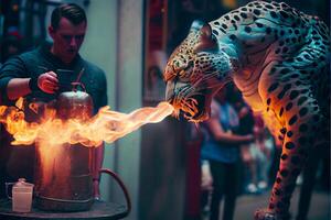 Mann Stehen Nächster zu ein Feuer Hydrant mit ein Leopard auf Es. generativ ai. foto