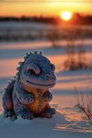 Statue von ein Drachen Sitzung im das Schnee. generativ ai. foto