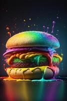 Regenbogen farbig Hamburger Sitzung auf oben von ein Platte. generativ ai. foto