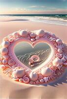 Herz geformt Spiegel Sitzung auf oben von ein sandig Strand. generativ ai. foto