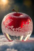 rot Apfel Sitzung auf oben von Schnee bedeckt Boden. generativ ai. foto