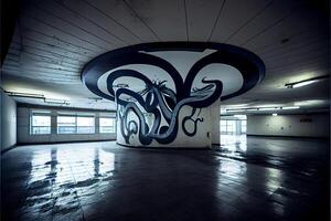 ein leeren Parkplatz Garage mit Graffiti auf das Wände. generativ ai. foto