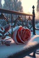 rot Rose Sitzung auf oben von ein Schnee bedeckt Bank. generativ ai. foto