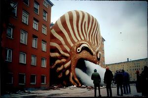 Riese Tintenfisch Statue im Vorderseite von ein Gebäude. generativ ai. foto