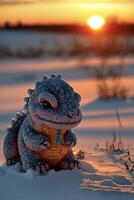 Statue von ein Drachen Sitzung im das Schnee. generativ ai. foto