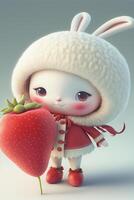 sehr süß wenig Hase halten ein groß Erdbeere. generativ ai. foto