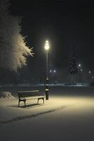 Bank Sitzung im das Mitte von ein Schnee bedeckt Park. generativ ai. foto