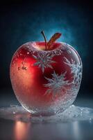 rot Apfel Sitzung auf oben von Schnee bedeckt Boden. generativ ai. foto