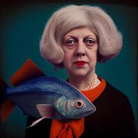 Gemälde von ein Frau mit ein Fisch auf ihr Schulter. generativ ai. foto
