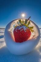 Erdbeere Sitzung auf oben von ein Schnee bedeckt Boden. generativ ai. foto