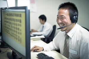 die Japaner Mann ist lächelnd, Sitzung beim seine Schreibtisch tragen ein Headset. Arbeiten im ein Anruf Center. generativ ai. foto