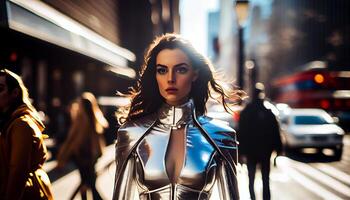 ein Mädchen Modell- im ein modisch glänzend Silber Outfit auf das Straße im Tokio. selektiv Truhe Fokus. generativ ai foto