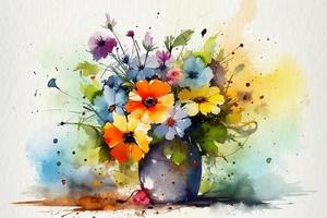 Wildblumen, Strauß von Blumen im ein Vase auf ein Tisch, immer noch Leben gemalt mit Aquarelle auf texturiert Papier. Digital Aquarell Gemälde foto