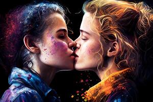 zwei Mädchen küssen, lgbt Mädchen küssen. generativ ai foto