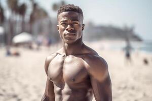 ein jung amerikanisch dunkelhäutig Mann mit ein sportlich bauen auf das Strand. generativ ai foto