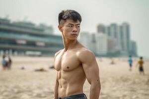 ein jung asiatisch Mann von sportlich bauen auf das Strand. generativ ai foto