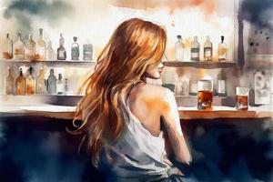 einsam Mädchen im ein Bar, zurück Sicht, Aquarell Gemälde auf texturiert Papier. Digital Aquarell Gemälde foto