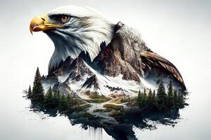 ein Weiß Adler im das felsig Berge mit das amerikanisch Flagge. generativ ai foto