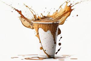 Kaffee Papier Tasse, Spritzen und Spritzer. platzen von braun flüssig, tropft. abstrakt Illustration auf Weiß Hintergrund. ai generiert. foto