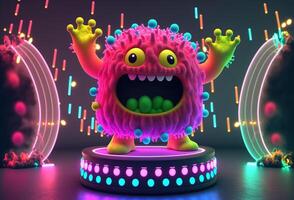 3d Charakter süß Monster- Tanzen im ein Nachtclub. das komisch zahnig Außerirdischer ist haben Spaß beim das Party auf Bühne im Neon- Licht. ai generiert foto