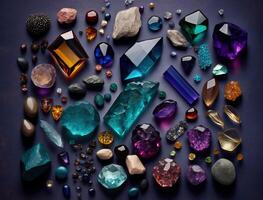 schön Sammlung von Kristalle und Edelsteine und Mineralien auf ein dunkel Hintergrund. Luxus Hintergrund, Stein Quarz, Glas Prisma, Bernstein, Achat, Karneol, Amethyst, Nuggets. ai generiert. foto