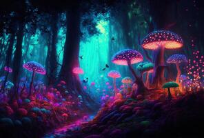 ein Märchen Wald, ein surreal, mystisch Landschaft. das dunkel Bäume sind beleuchtet durch mehrfarbig psychedelisch Neon- Licht. ein mysteriös Pfad durch das Dickicht. 3d Wiedergabe. ai generiert. foto